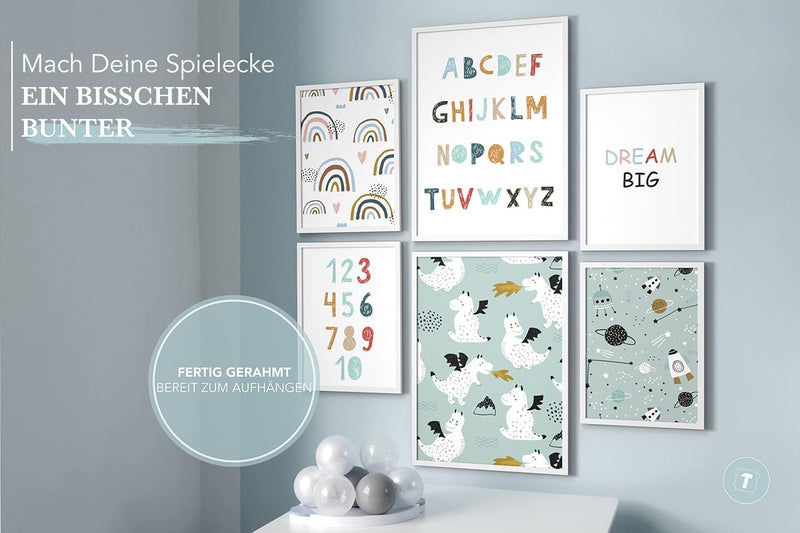 Papierschmiede® Bilder Kinderzimmer Kids Mood Poster Set ABC Dragon Space, Gerahmte Bilder fürs Kind