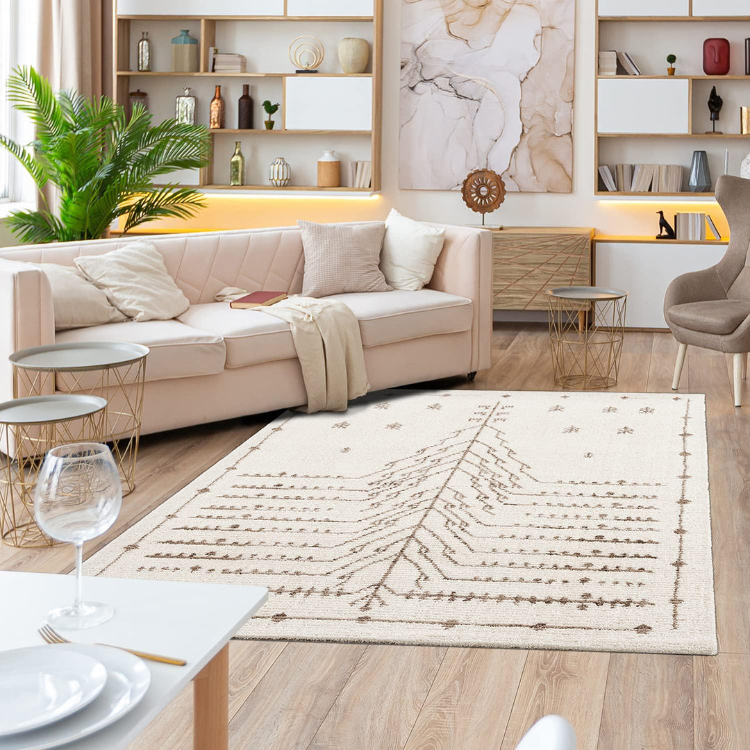 payé Teppich Wohnzimmer - Creme 200x290cm - Ethno Afrika Muster - Hochflor weich Schlafzimmer Flur D