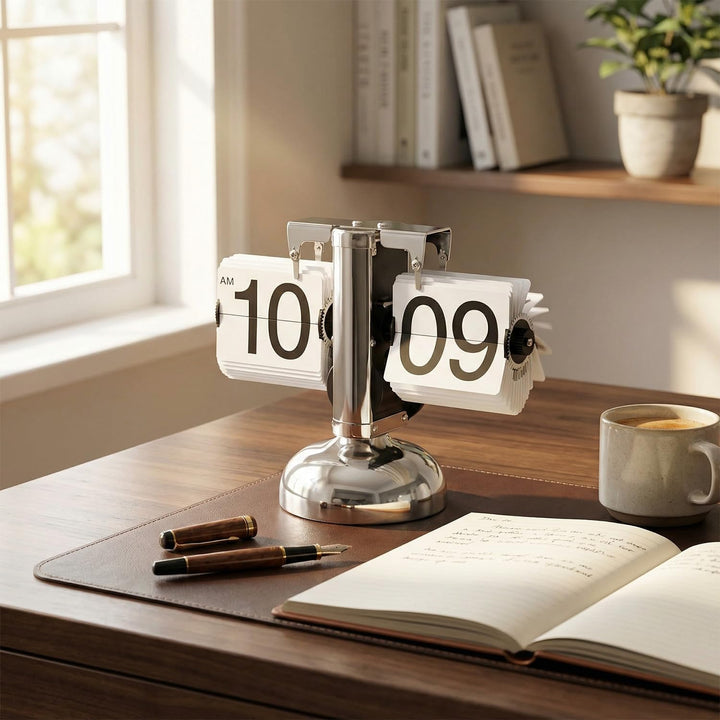 QWORK® Retro Flip Clock Tischuhr mit Quarzwerk, Mechanische Klappzahlenuhr, Silber Automatisches Umb