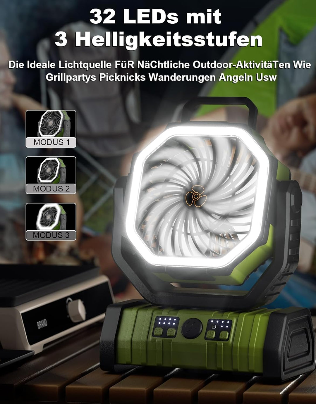 Richday Camping Ventilator 20000mAh Leise Ventilator 4 Geschwindigkeiten 270°Drehung Tischventilator