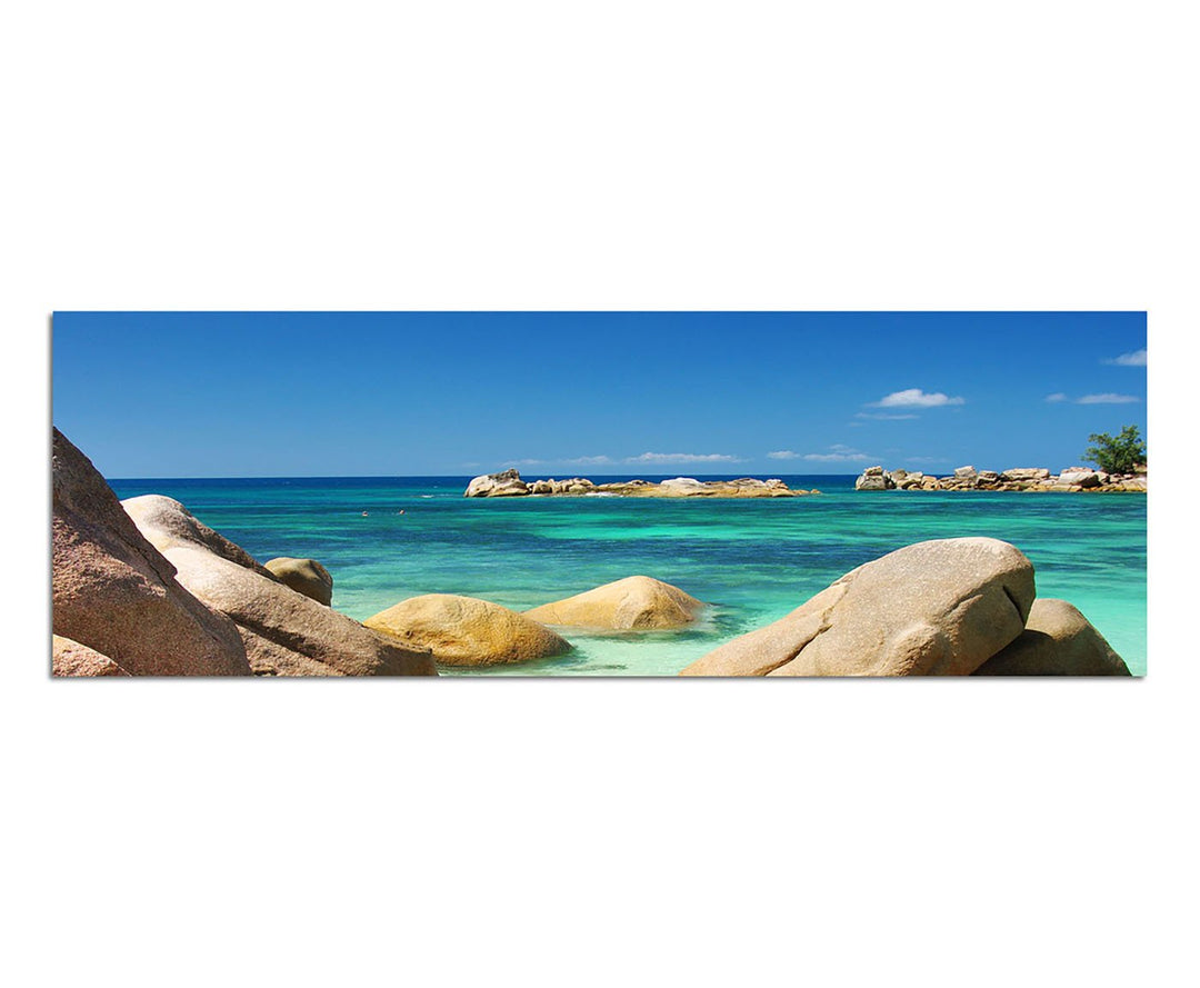 Paul Sinus Art Panoramabild auf Leinwand und Keilrahmen 150x50cm Seychellen Meer Steine Strand Himme