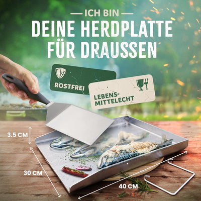 BoomDing Die massive Grillplatte aus 4mm Edelstahl mit Tragebügeln - 40x30 cm Plancha in Universalgr