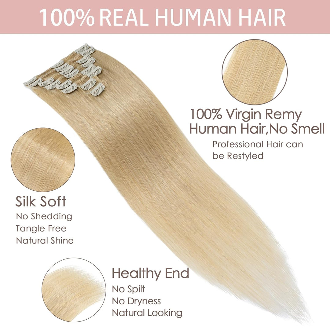 Silk-co Echthaar Clip In Extensions 8 Tressen 18 Clips 60g, Hellblond Hair Extensions, Remy Echthaar