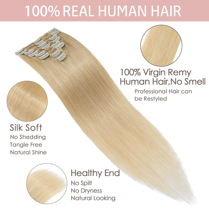 Silk-co Echthaar Clip In Extensions 8 Tressen 18 Clips 60g, Hellblond Hair Extensions, Remy Echthaar