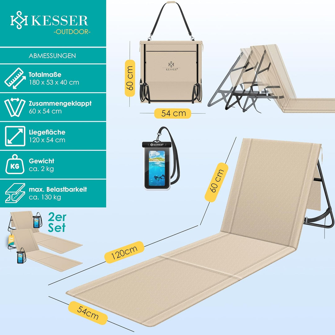 KESSER® 2er Set Strandmatte klappbar mit Verstellbarer Rückenlehne, Tragegurt, wasserdichter Tasche