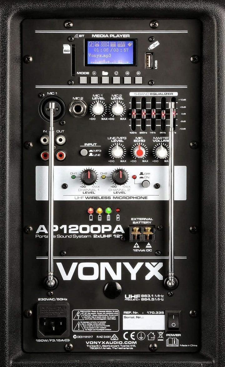 Vonyx AP1200PA - Mobile PA Anlage, Partybox Bluetooth mit Akku, 600 Watt Party Lautsprecher mit UHF-