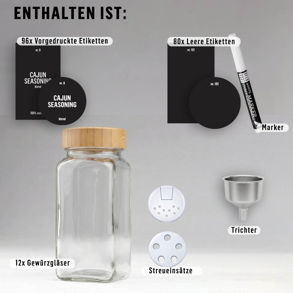 Deco haus® Gewürzgläser Eckig Set mit Gewürzetiketten - Gewürzgläser mit Streueinsatz 12er Set Gewür
