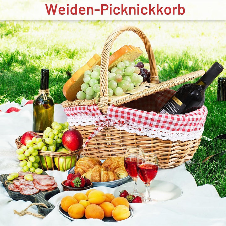 Weide Picknickkorb, Tragbarer Picknickkorb für den Aussenbereich mit Deckel und Griff, Geflochtener