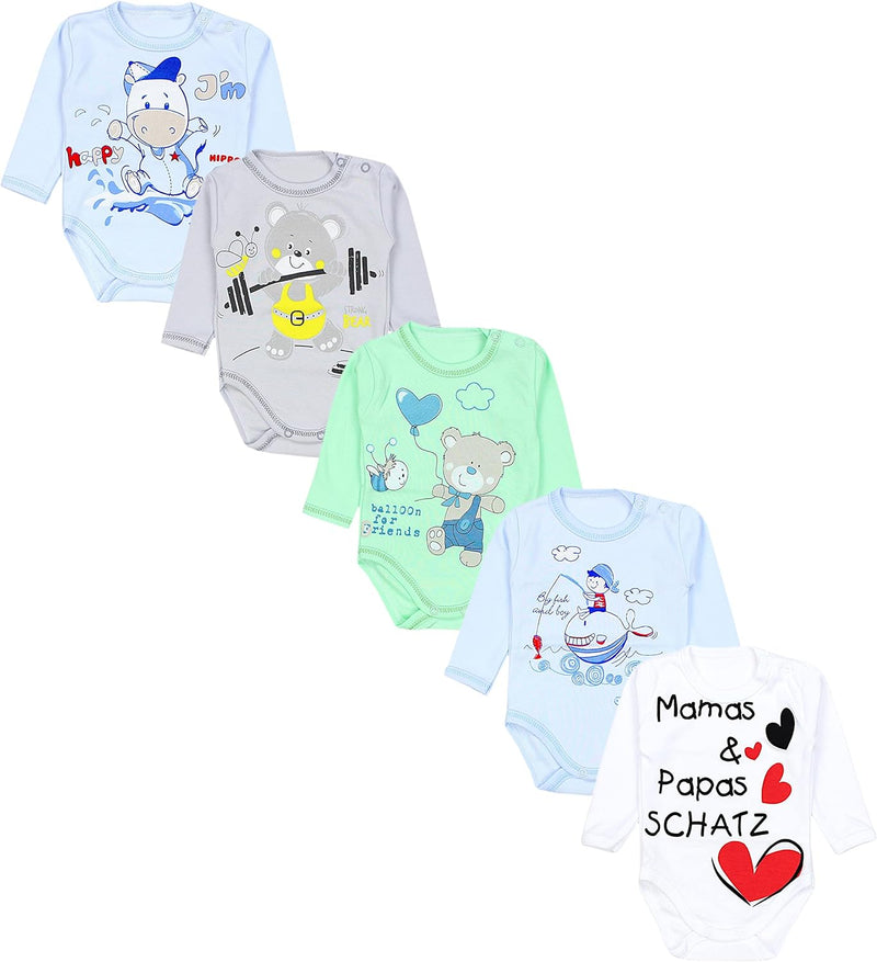 TupTam Unisex Baby Langarm-Body mit Aufdruck 5er Set 62 Mamas Papas Schatz Weiss Bärchen Blau Grün,