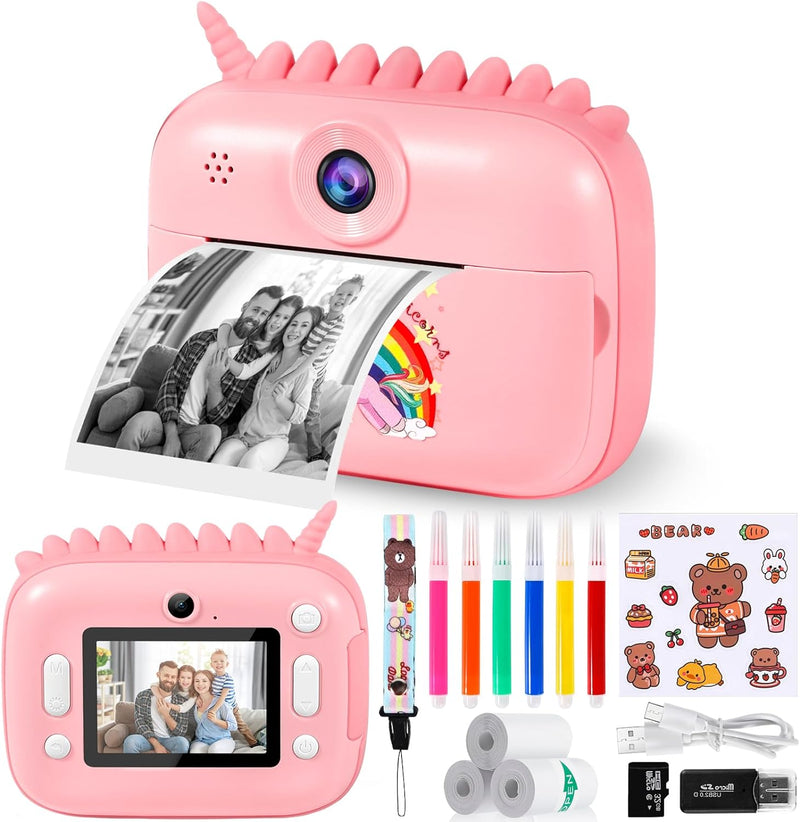 Kinderkamera Sofortbildkamera, 1080P 2,4 Zoll Bildschirm DigitalKamera Kinder mit Druckpapier,32GB K