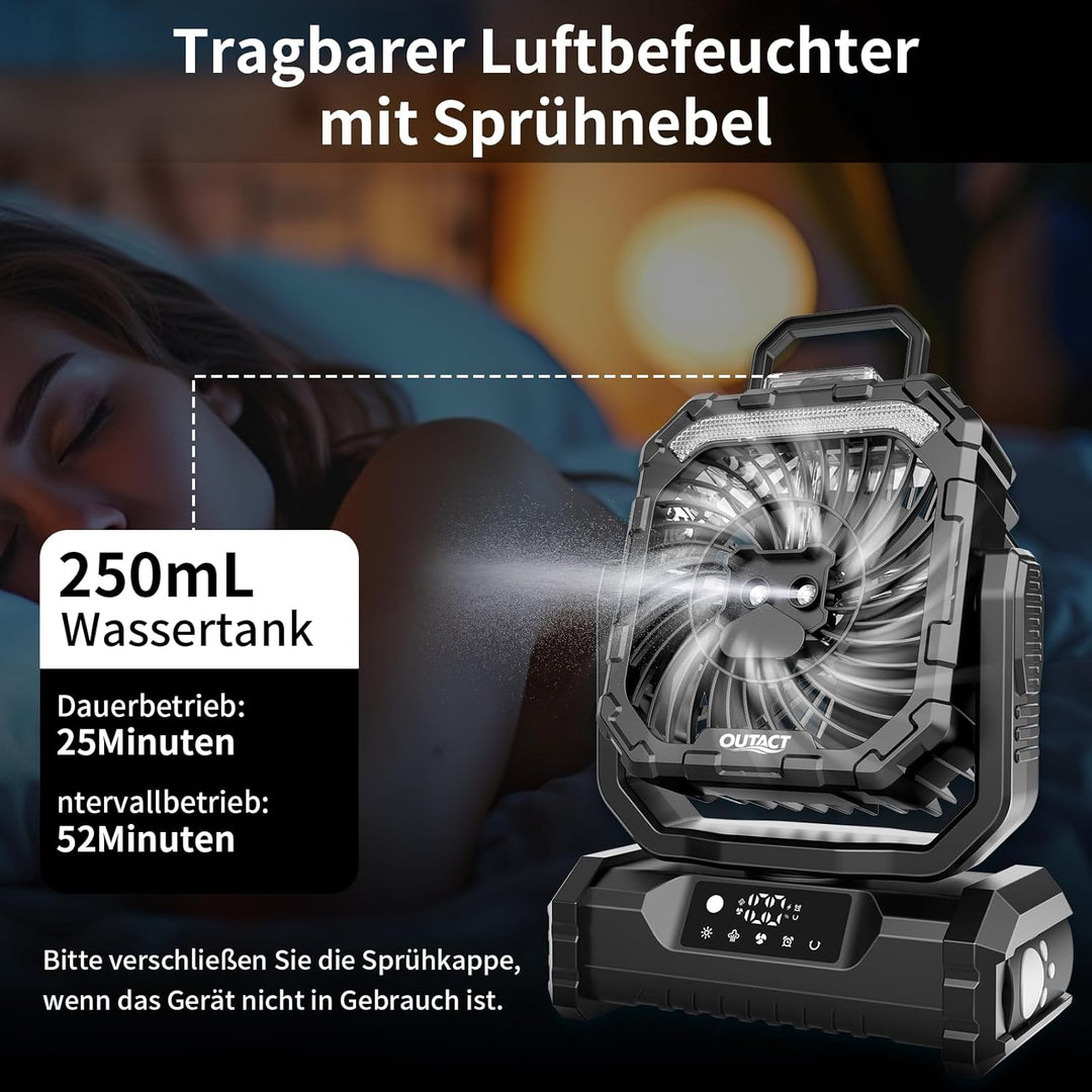 Ventilator Camping mit Sprühnebel, Akku Ventilator 20000mAh mit LED Licht, Haken, 270° Drehung, Trag