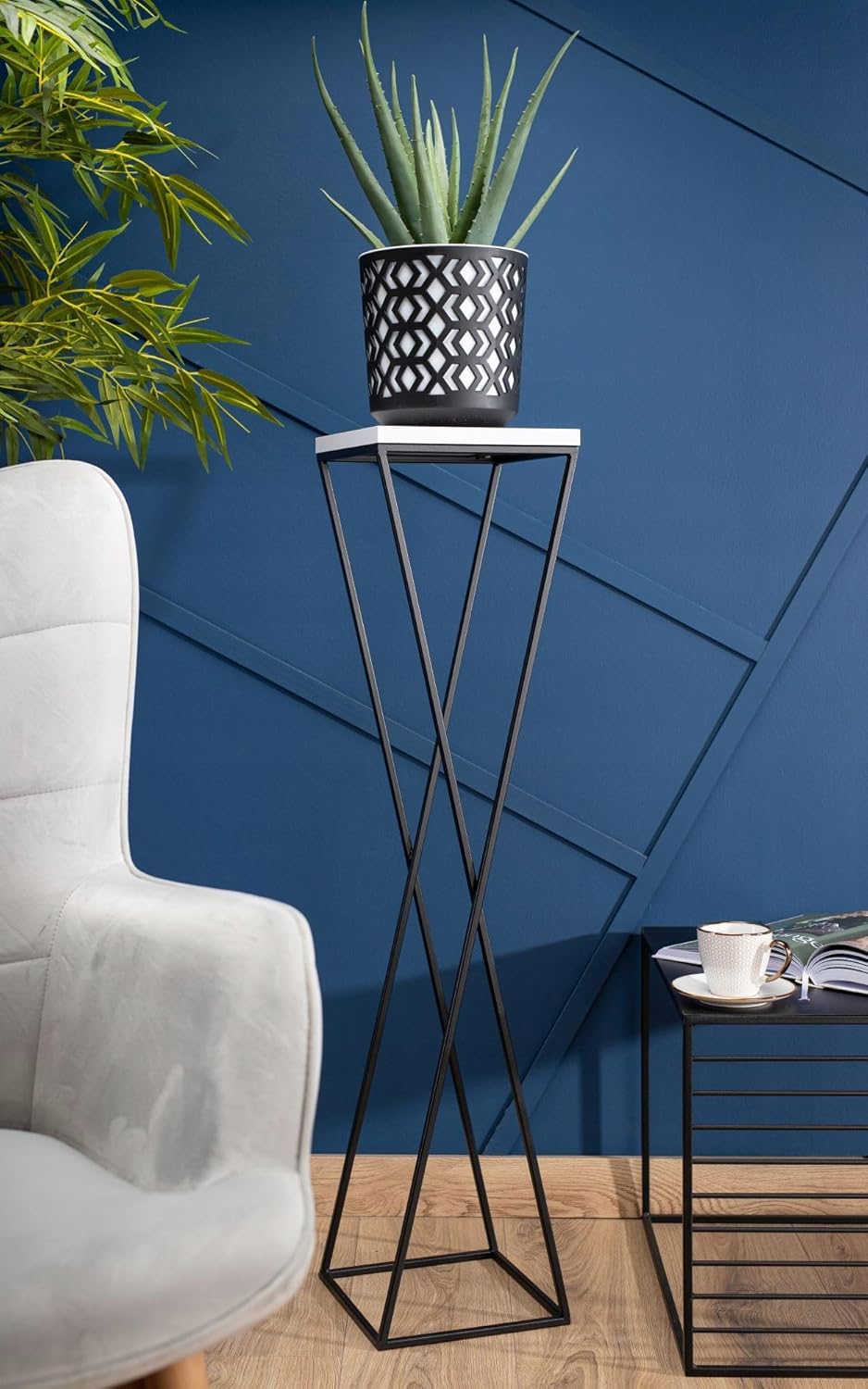 Pflanzenständer Metall 100 cm Hoch - Stabiler und Fester Blumenhocker mit Weiss MDF-Platte auf Schwa
