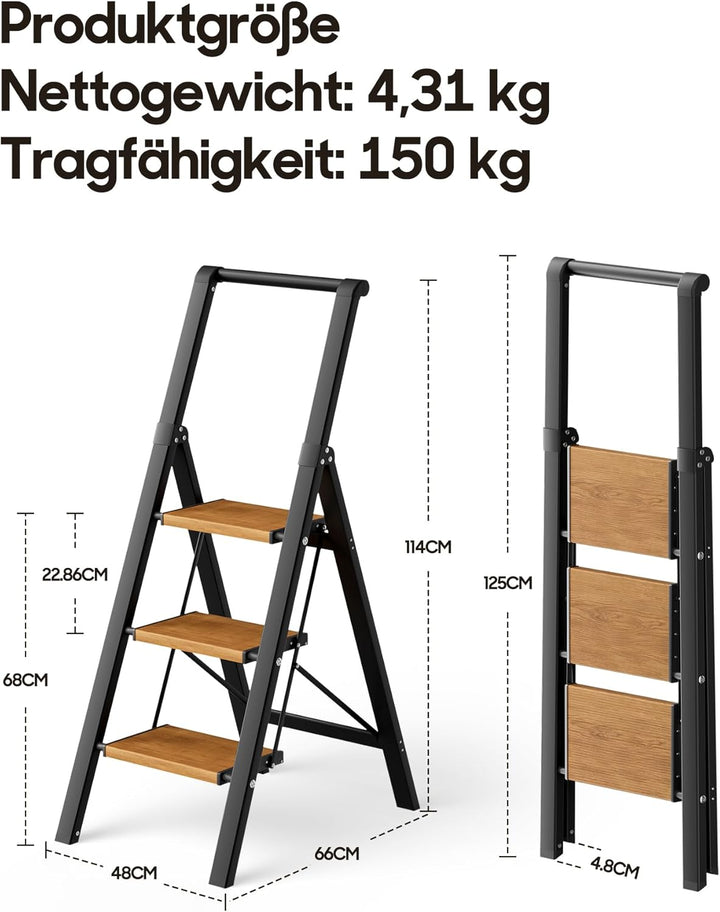 Trittleiter 3 Stufen klappbar,Tritthocker aus Aluminium | Leiter mit Handlauf,150kg Tragfähigkeit,An