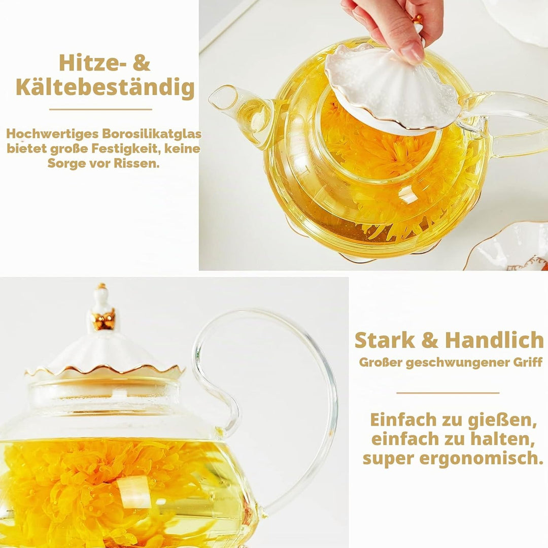 DUJUST Teekannen mit Stövchen Set, Luxuriöses Britisches Design mit Reliefdekor und Goldverzierungen