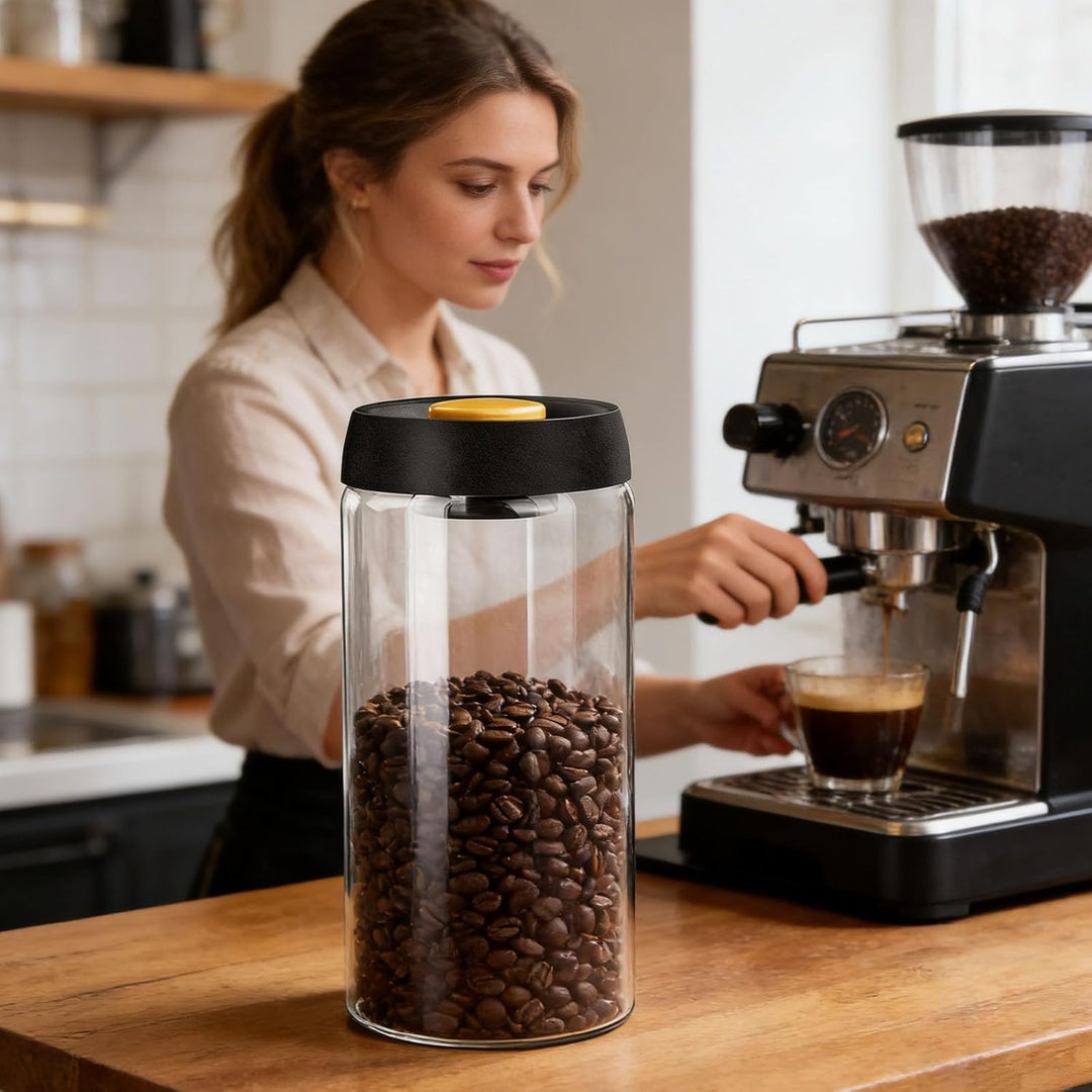 Vakuum-Kaffeedose 1800 ml, Kaffeedose Luftdicht aus Glas, Kaffeebohnenbehalter mit Vakuum Deckel, Au
