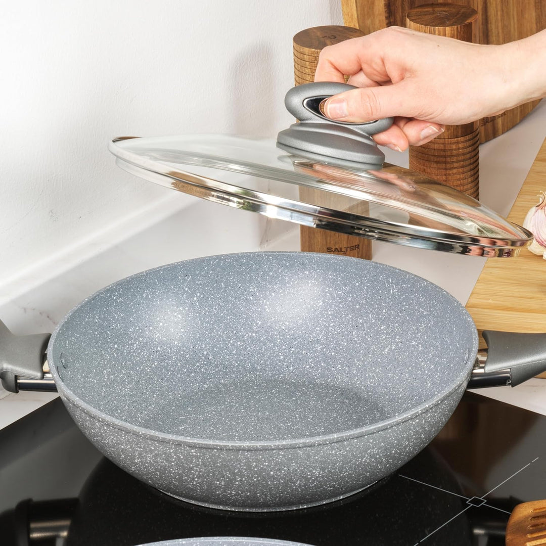 Salter BW02772G Marblestone 28cm Wokpfanne - Antihaftwok mit Deckel, PFOA-frei Wok, Spülmaschinenfes