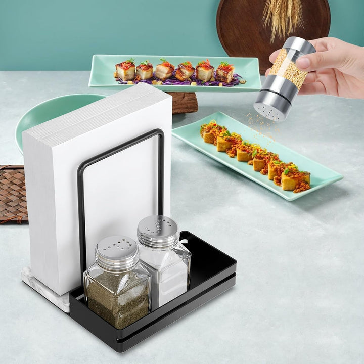 Serviettenhalter Schwarz, Serviettenhalter aus Metall & Marmor Serviettenspender mit Caddy für Tisch