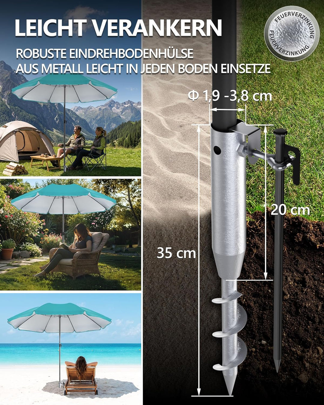 4smile Sonnenschirm Strand Ø 180 cm mit Eindrehbodenhülse, Türkis | Strandschirm windfest stabil mit