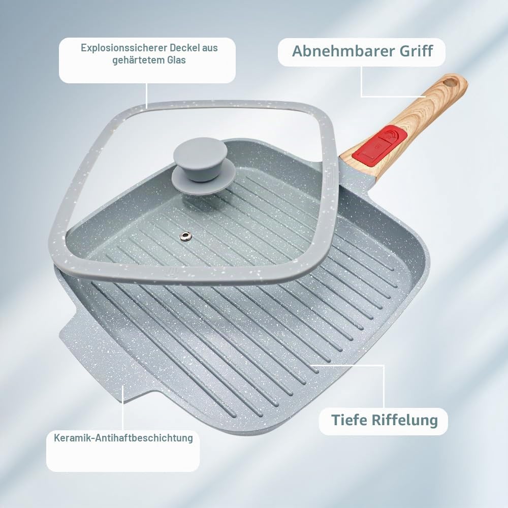 Grillpfanne mit Deckel 26 x 24 cm, Antihaft Keramikbeschichtung, Grill Pfanne mit Abnehmbarer Griff