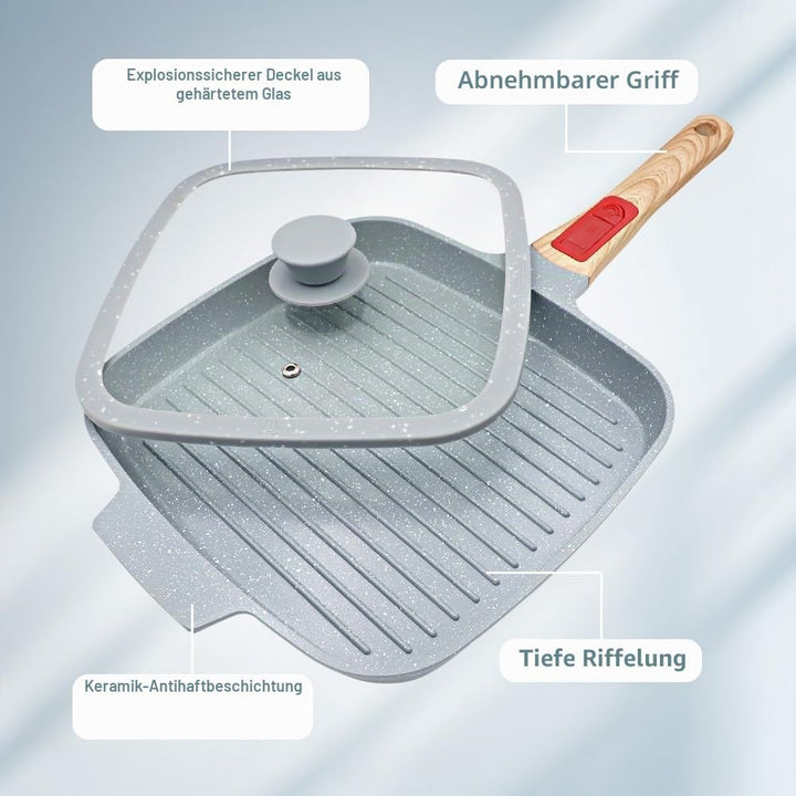 Grillpfanne mit Deckel 26 x 24 cm, Antihaft Keramikbeschichtung, Grill Pfanne mit Abnehmbarer Griff