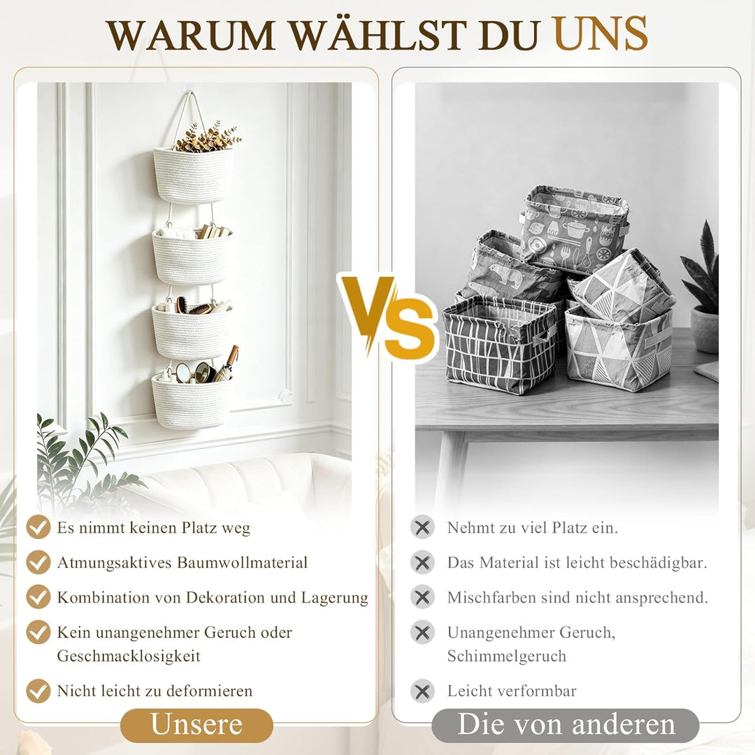 Tür Organizer hängend 4-stöckig, Weiss | Hängekorb aus Baumwollseil, Mit 4 Haken ohne Bohren, 2 vers
