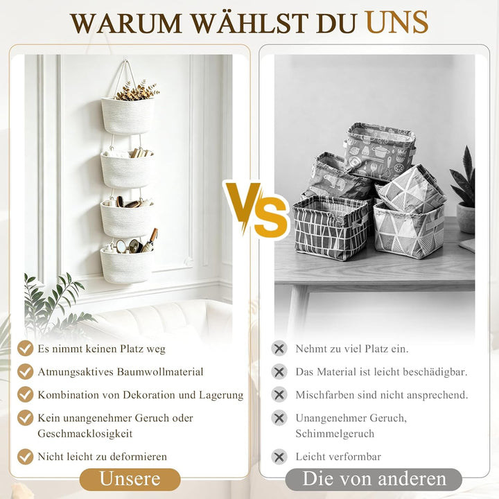 Tür Organizer hängend 4-stöckig, Weiss | Hängekorb aus Baumwollseil, Mit 4 Haken ohne Bohren, 2 vers