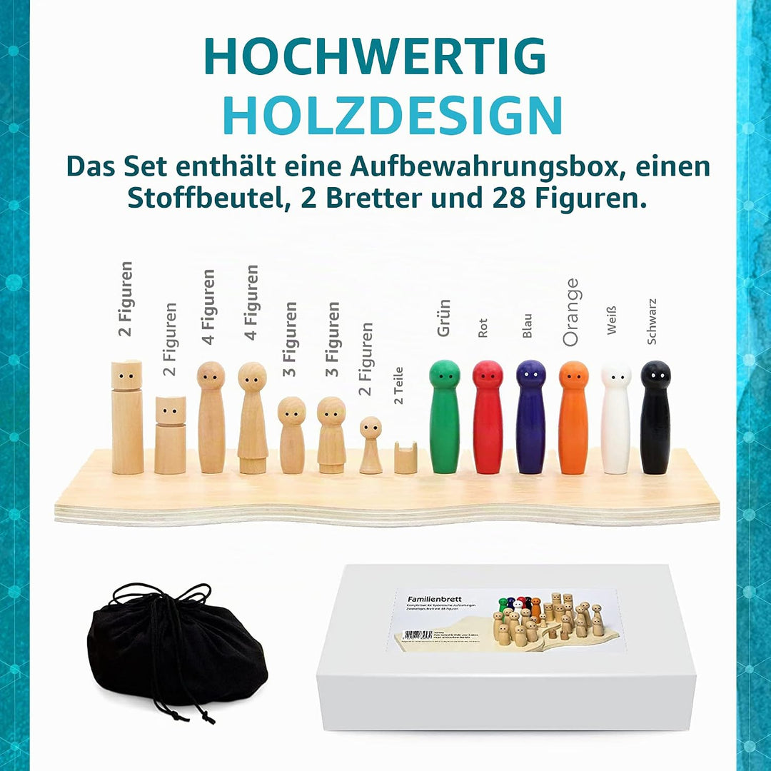 Familienbrett | Systembrett aus hochwertigem Holz für Familienaufstellung und Coaching | 32 Teile in