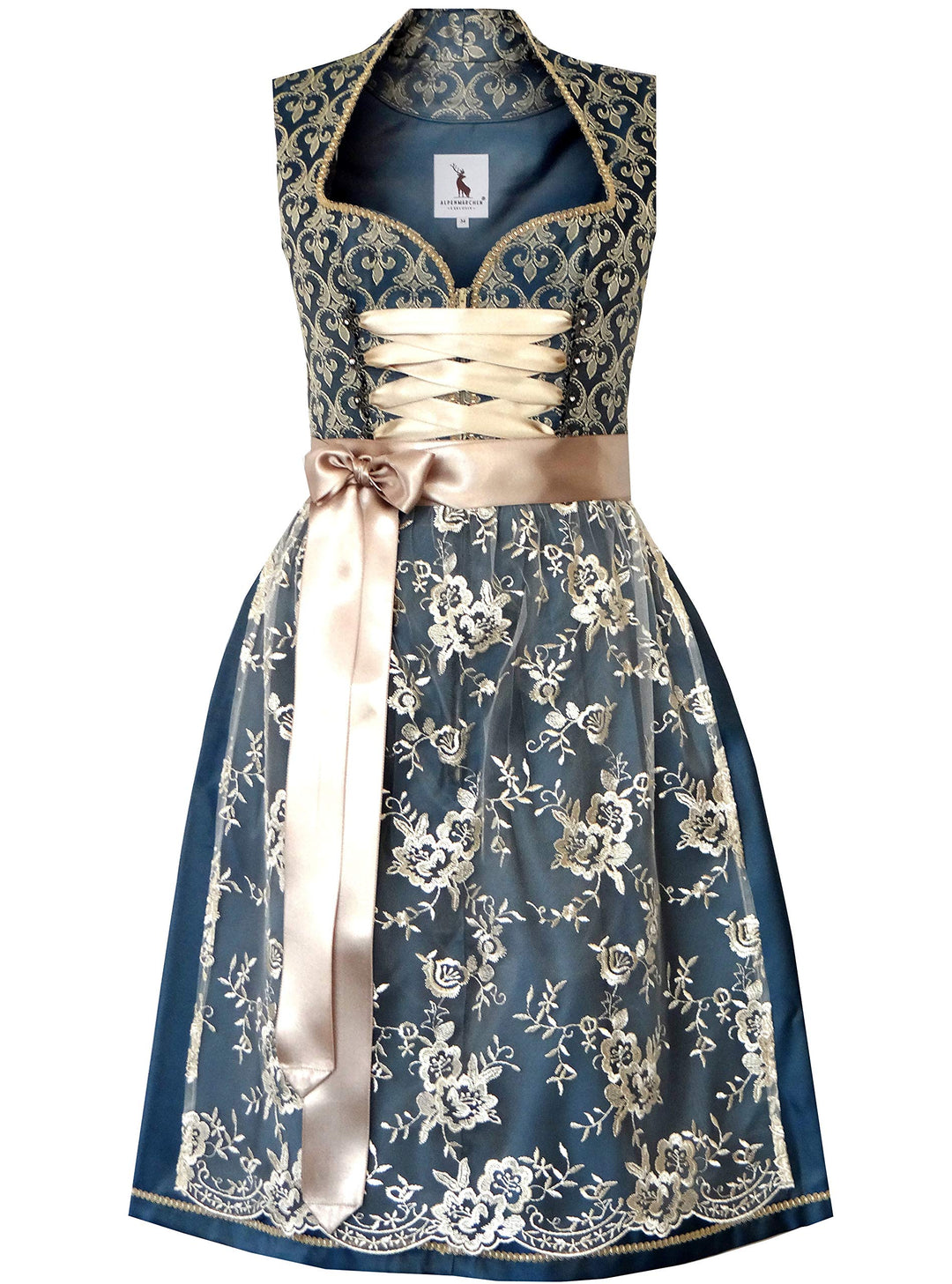 Alpenmärchen Midi Dirndl aus Exklusiver Kollektion inkl. Spitzenschürze Gr.32-54 - ALM660 38 Blau-go