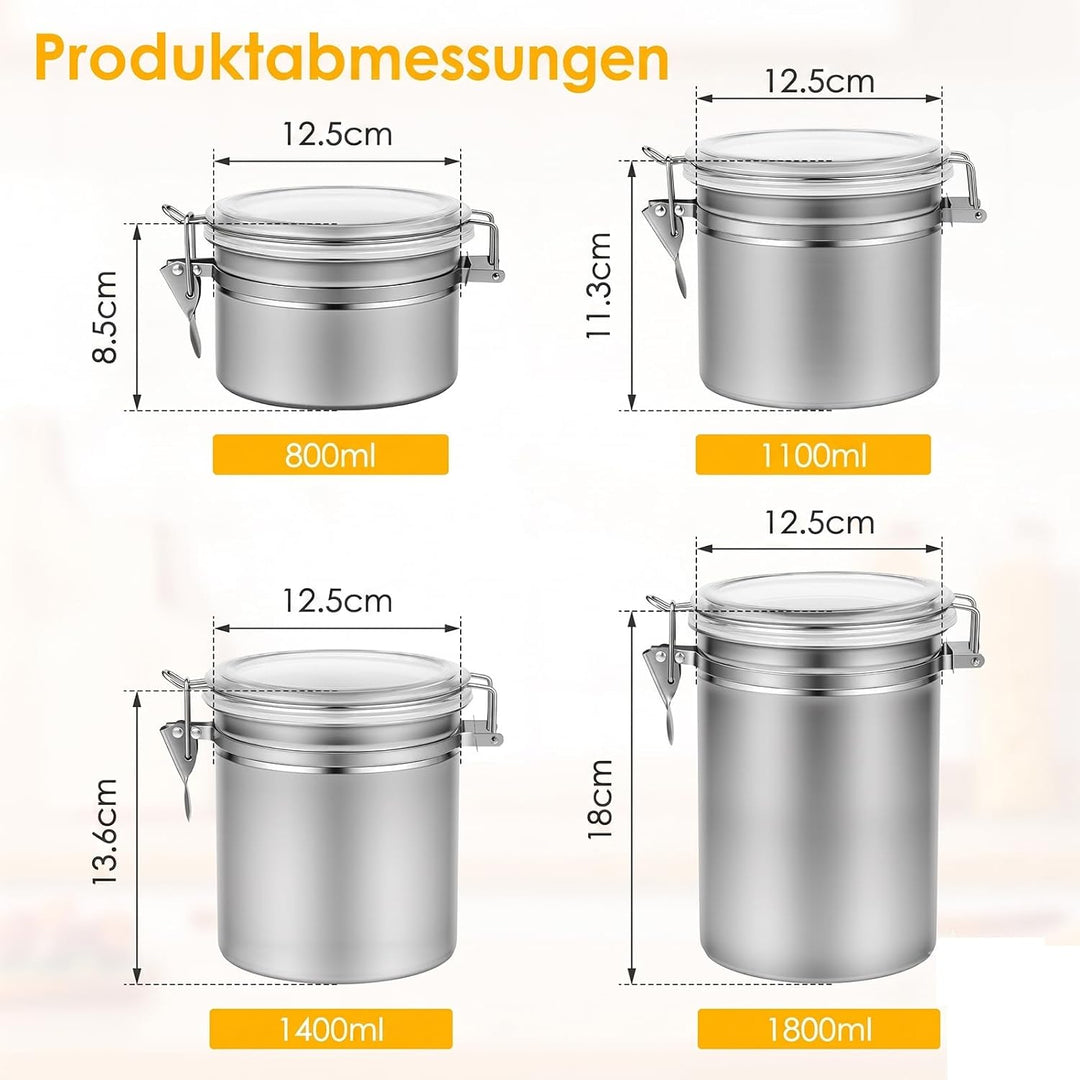4er Set Edelstahl Kaffeebohnen Behälter mit Deckel für Küche | Kaffeedose luftdicht für 500g/1kg Boh