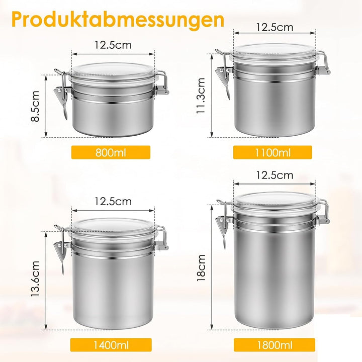 4er Set Edelstahl Kaffeebohnen Behälter mit Deckel für Küche | Kaffeedose luftdicht für 500g/1kg Boh