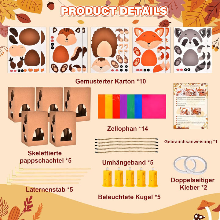 Herefun 5 Herbst Windlichter zum Basteln für Kinder, Herbst Tier Bastelsets mit Fuchs Eule Waschbär