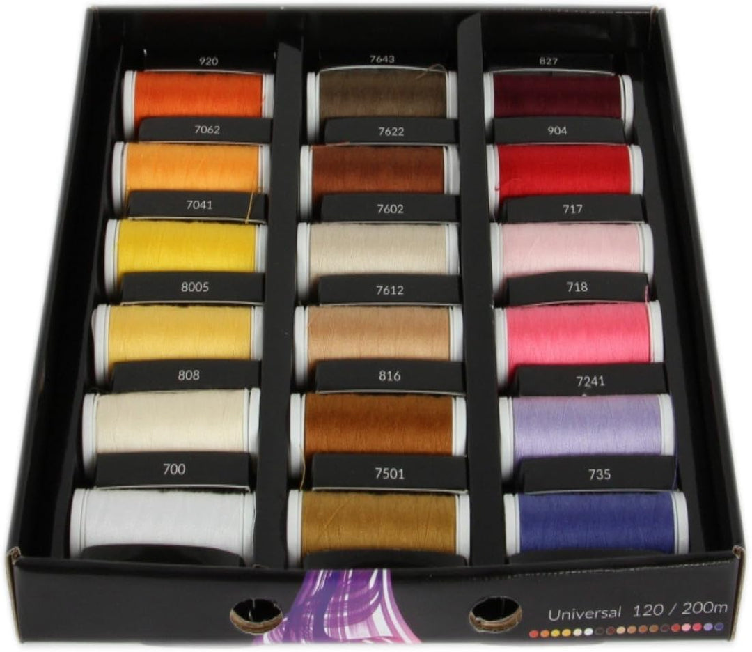 Ackermann 36 Farben x 200m UNIVERSAL 120 NÄHGARN (Allesnäher) in handlicher Box UNIVERSAL 120 Nähgar