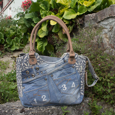 Sunsa Damen Nachhaltige Handtasche aus recycelte Jeans Canvas & Leder. Vintage Still grosse Schulter