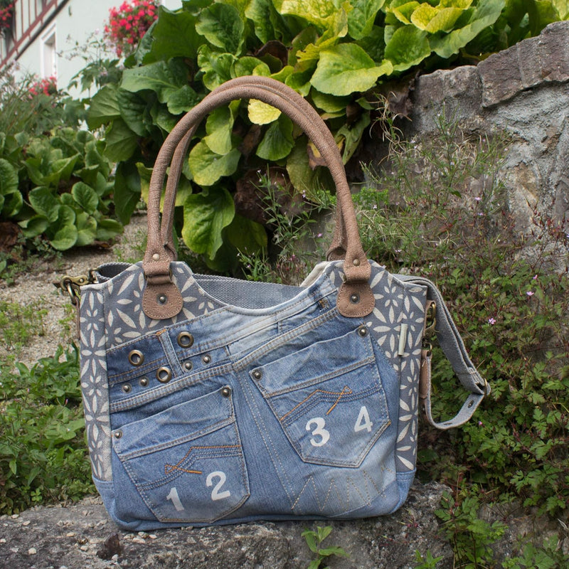 Sunsa Damen Nachhaltige Handtasche aus recycelte Jeans Canvas & Leder. Vintage Still grosse Schulter