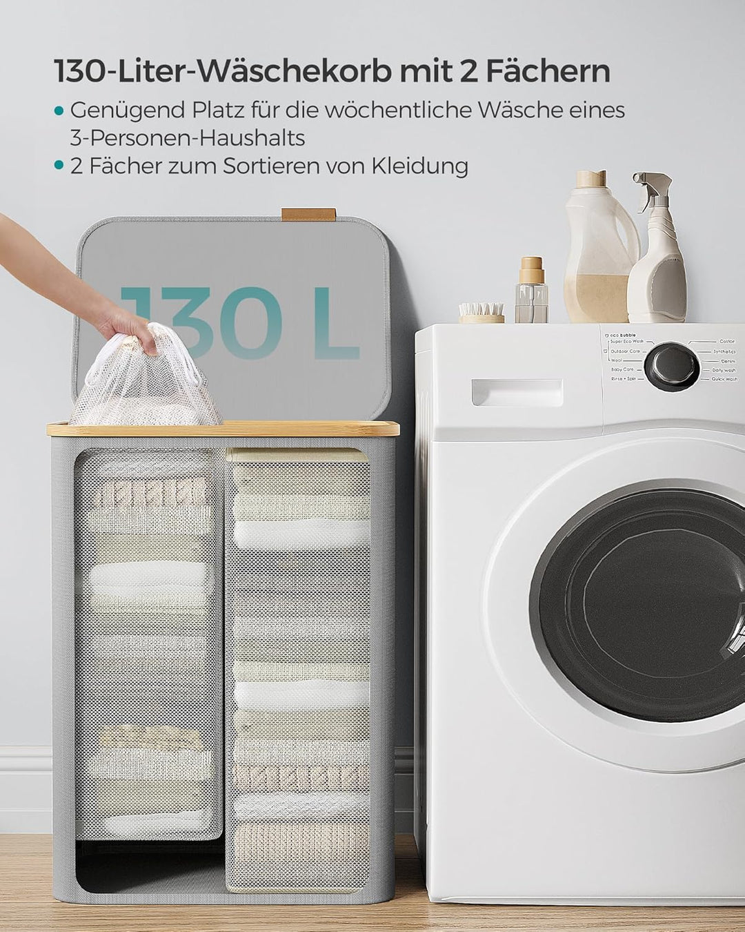 SONGMICS Wäschekorb mit Deckel, Wäschesammler mit 2 Fächern, 130 L, herausnehmbarer Wäschesack, Oxfo