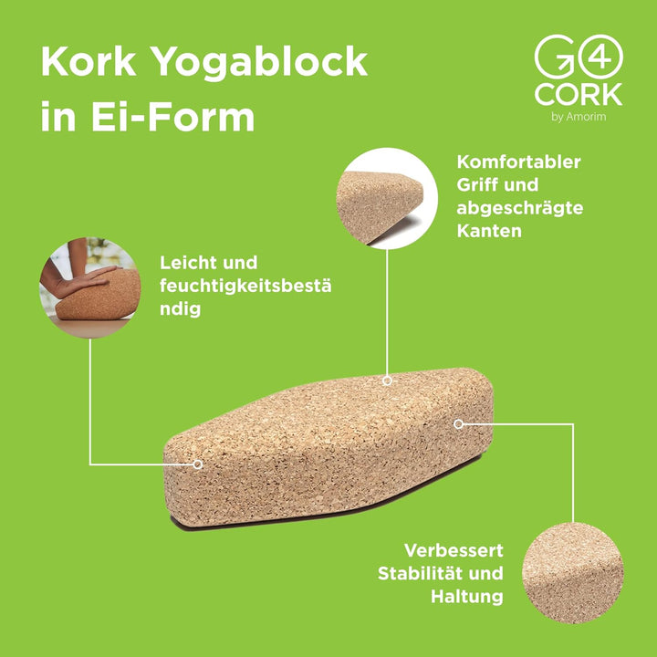 Go4Cork Kork Yoga Block in Ei-Form | 28x10x7,6 cm | Perfekter Komfort-Grip | Alternative zu Schaumst