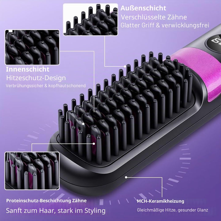LOPHE Glättbürste, 2 in 1 Haarglätter Bürste mit LED Display, Hair Straightener Kabellos und Verbrüh