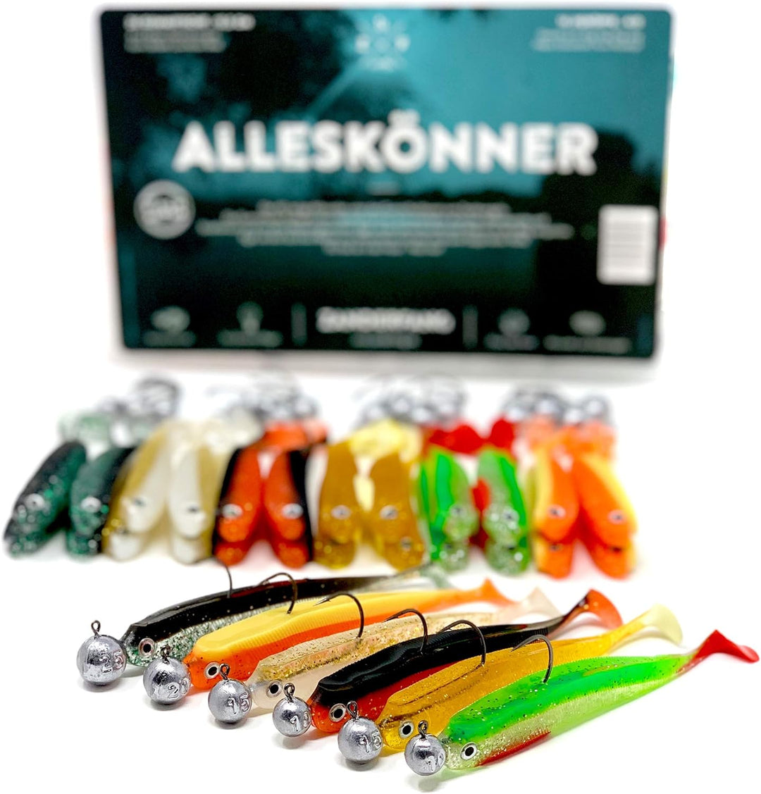 Zanderfang 40 Teile Box Gummifische mit Jigköpfen zum Zanderangeln mit Gummifisch - 24 Gummifische: