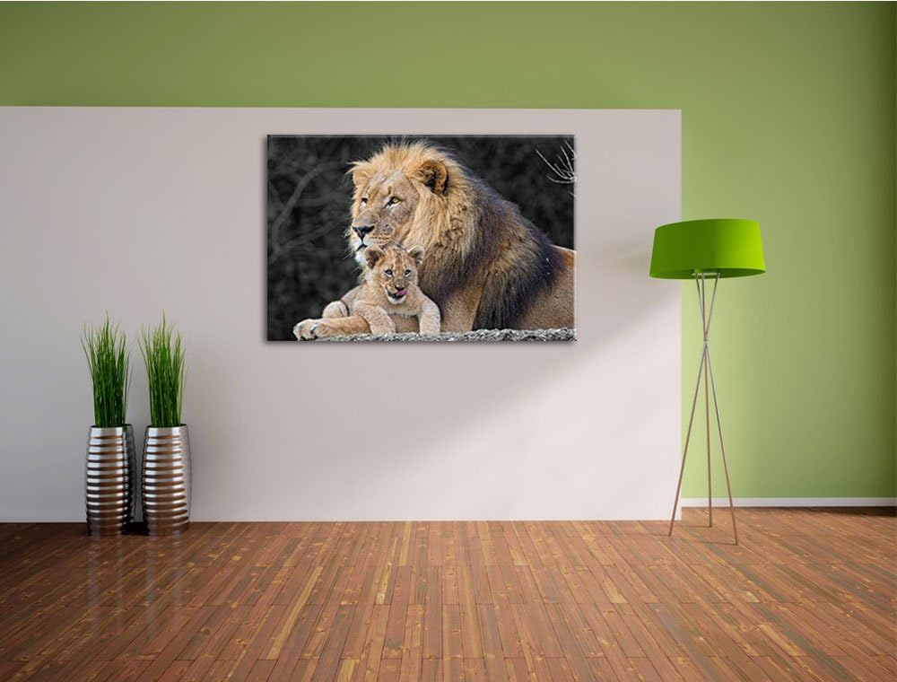 prächtiger Löwe kuschelt mit kleinem Jungtier schwarz/weiss Format: 100x70auf Leinwand, XXL riesige
