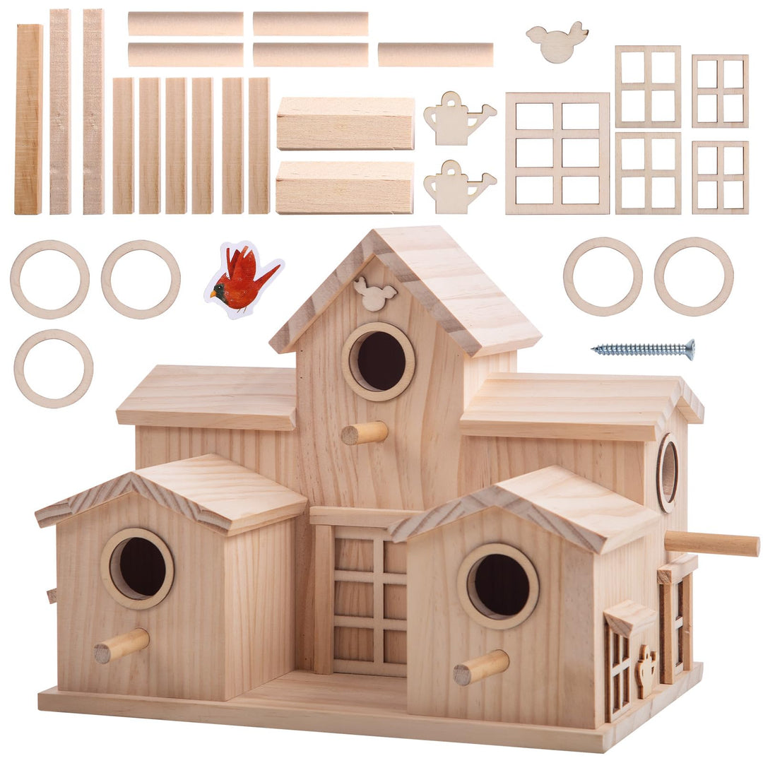 Vogelhaus aus Holz mit mehreren Einstiegslöchern, Kiefer natur, dekoratives Gartenhaus