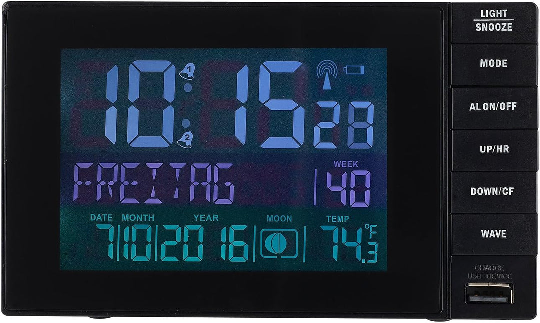 infactory Wecker mit Netzteil: Funkwecker mit Temperatur-Anzeige, USB-Ladestation (2 A), 2 Weckzeite