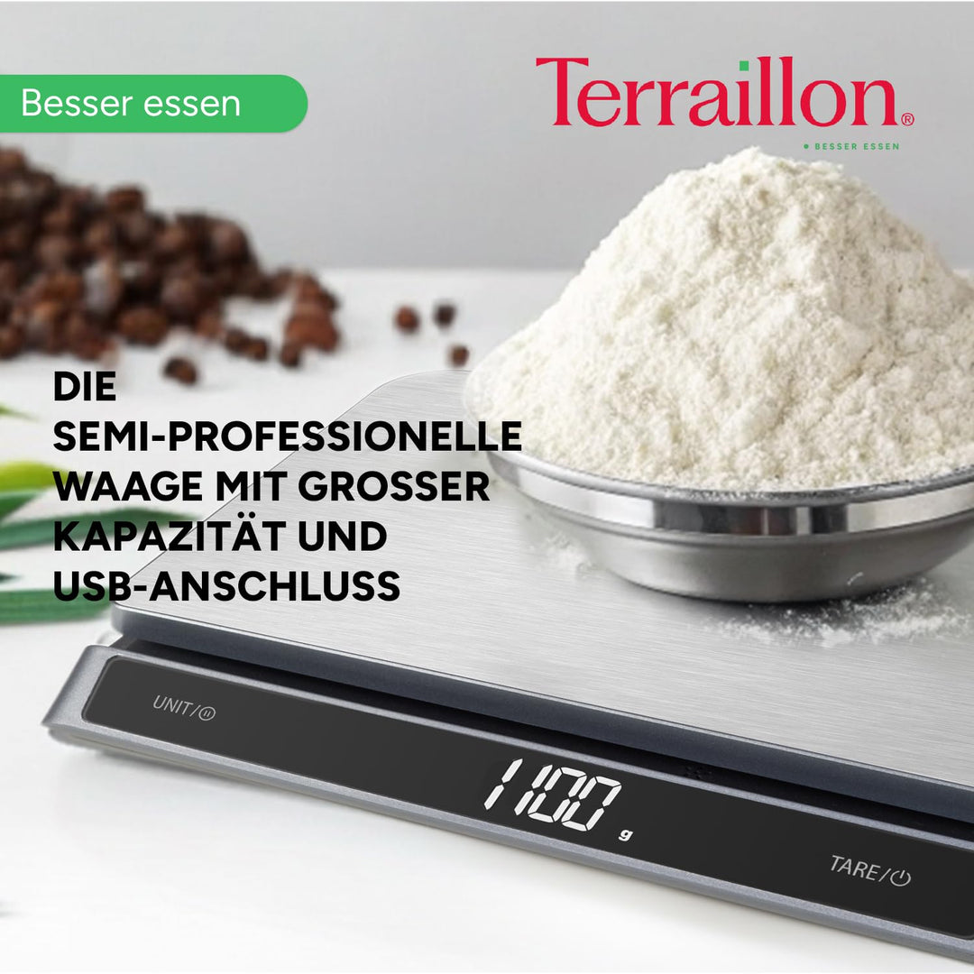 TERRAILLON - PRO USB15 – Professionelle elektronische Küchenwaage, grosse Platte aus Edelstahl, 23 x