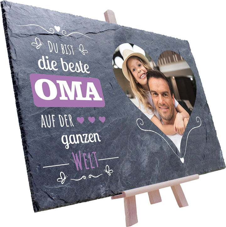 wandmotiv24 Schiefertafel Beste Oma, Mit Ihrem Farb-Foto im Herzformat Bedrucken Lassen inkl. Spruch