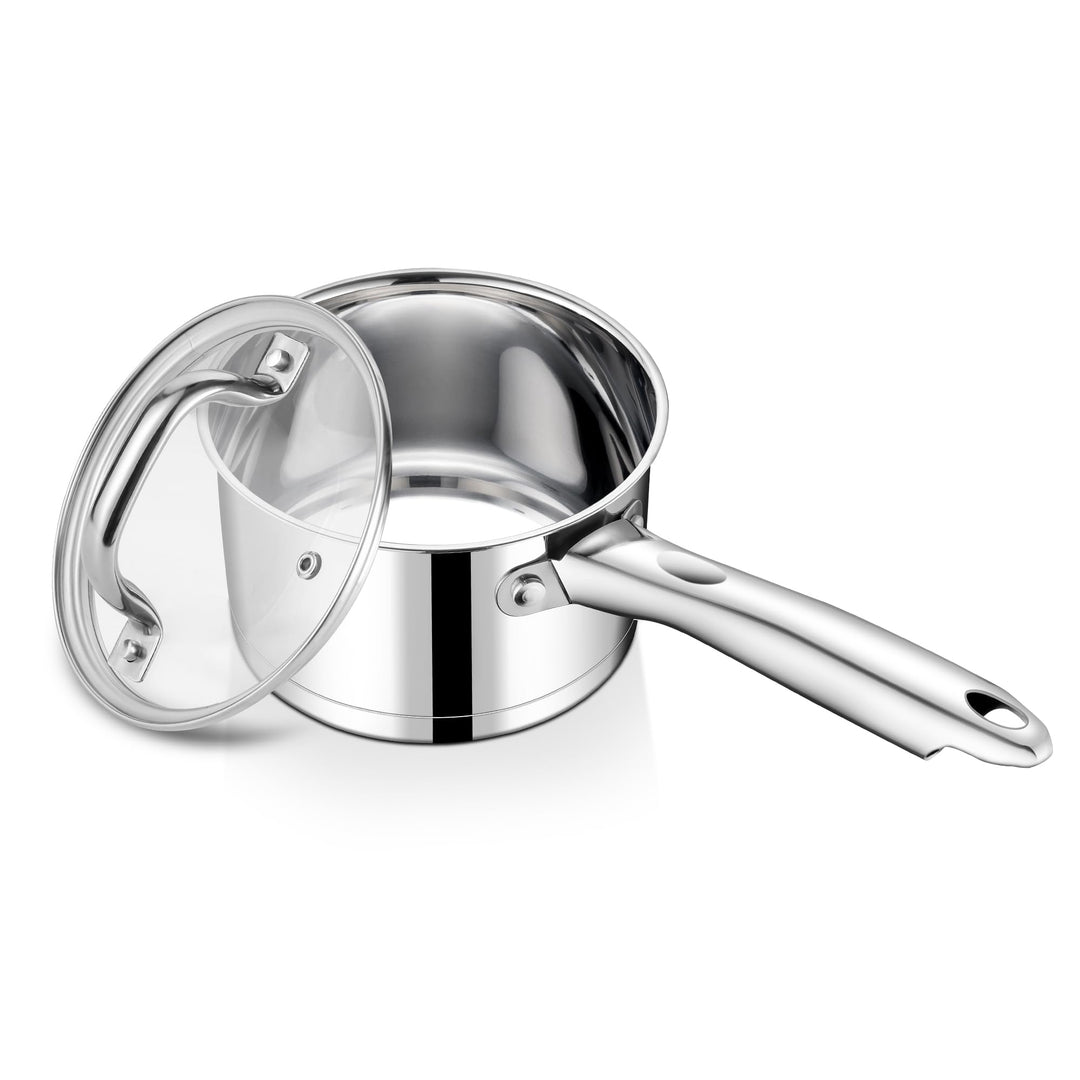 TEAMFAR Stielkasserolle, 14cm klein Edelstahl Milchtopf Topf Induktion mit Glasdeckel, 3-Lagen Boden