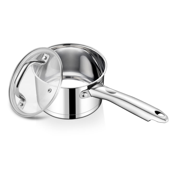 TEAMFAR Stielkasserolle, 14cm klein Edelstahl Milchtopf Topf Induktion mit Glasdeckel, 3-Lagen Boden