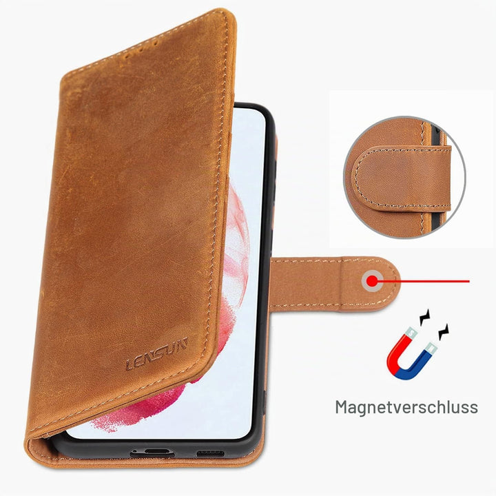 LENSUN Echtleder Hülle für Samsung Galaxy S21, Handyhülle [Echtes Leder] [Magnetverschluss] [RFID Sc