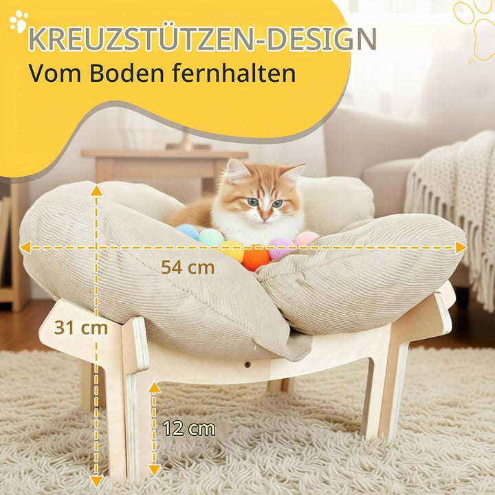 Erhöhtes Katzenbett in Blumenform,Stabiles Holzkatzensofa,Weiche Haustiersofa,Katzenstuhl mit Abnehm
