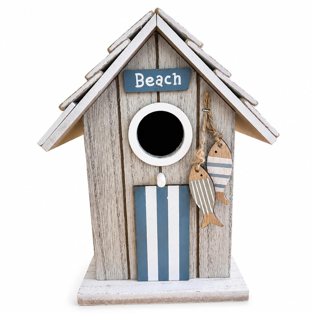 Boltze Vogelhaus Baduna mit Fischen & Beach-Schriftzug, Maritime Deko im Shabby-Look, MDF bemalt, ca