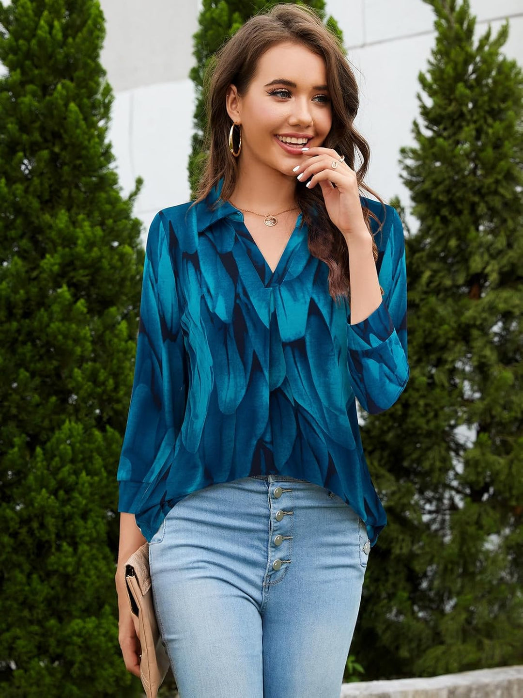 Siddhe Damen V-Ausschnitt Bluse 3/4 Ärmel Oberteile Tunika Tops Locker Longshirt Lässige T-Shirt Lan