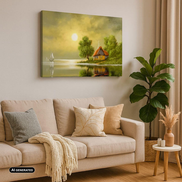 Bilder auf Leinwand 100x70cm Leinwandbild mit Rahmen Boot Wasser Hütte Gross Wanddeko Bild Schlafzim